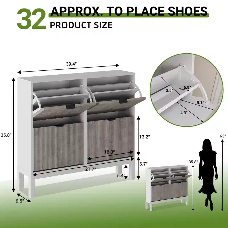 TruAIR 4-Drawer Shoe Cabinet - Narrow Freestanding Entryway Organizer with Metal Legs for Hallway/Foyer