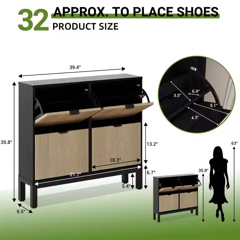 TruAIR 4-Drawer Shoe Cabinet - Narrow Freestanding Entryway Organizer with Metal Legs for Hallway/Foyer