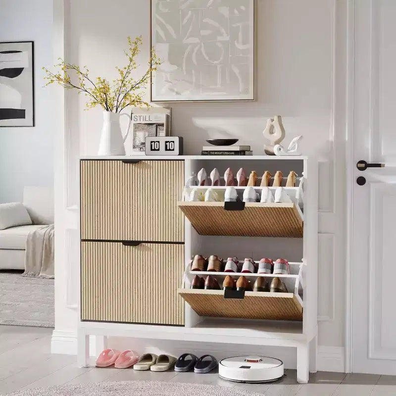 TruAIR 4-Drawer Shoe Cabinet - Narrow Freestanding Entryway Organizer with Metal Legs for Hallway/Foyer