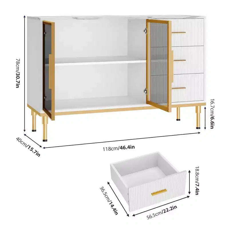 COZONY 46.4 Armoire de cuisine en faux marbre avec portes en verre, buffet avec rangement, tiroirs et étagères réglables pour salle à manger