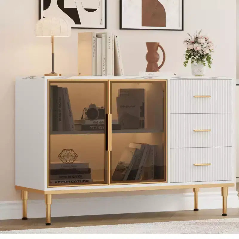COZONY 46.4 Armoire de cuisine en faux marbre avec portes en verre, buffet avec rangement, tiroirs et étagères réglables pour salle à manger