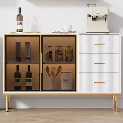 COZONY 46.4 Armoire de cuisine en faux marbre avec portes en verre, buffet avec rangement, tiroirs et étagères réglables pour salle à manger