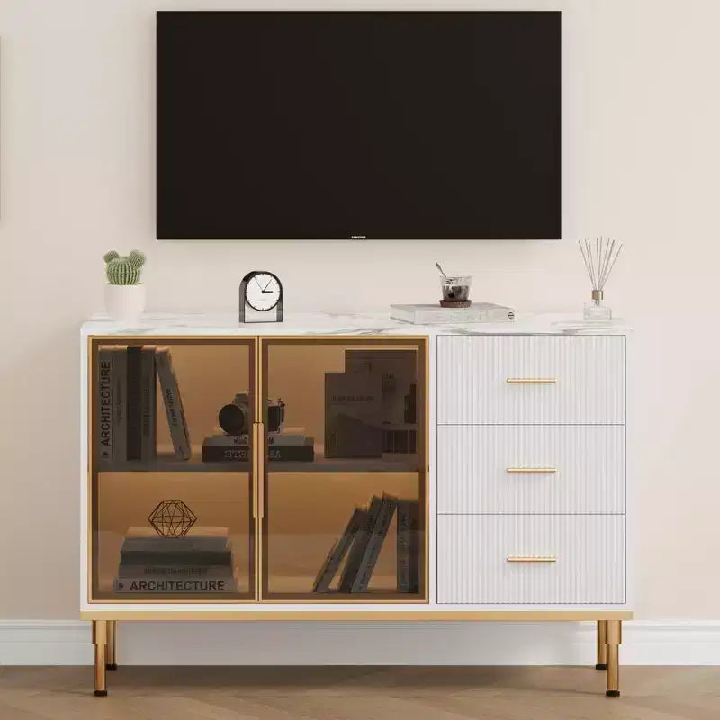 COZONY 46.4 Armoire de cuisine en faux marbre avec portes en verre, buffet avec rangement, tiroirs et étagères réglables pour salle à manger