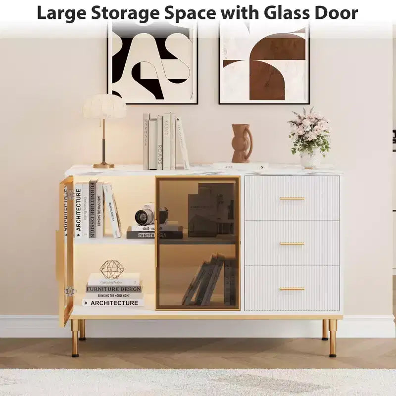 COZONY 46.4 Armoire de cuisine en faux marbre avec portes en verre, buffet avec rangement, tiroirs et étagères réglables pour salle à manger
