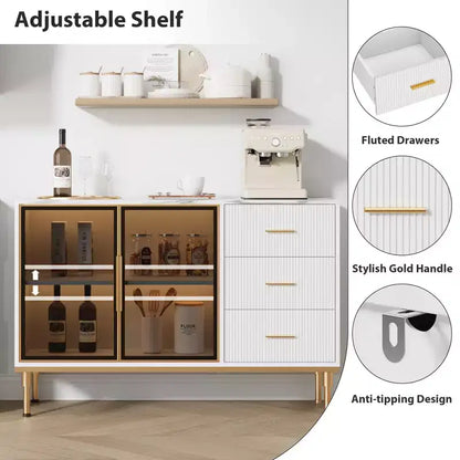 COZONY 46.4 Armoire de cuisine en faux marbre avec portes en verre, buffet avec rangement, tiroirs et étagères réglables pour salle à manger