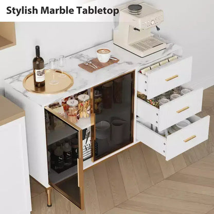 COZONY 46.4 Armoire de cuisine en faux marbre avec portes en verre, buffet avec rangement, tiroirs et étagères réglables pour salle à manger