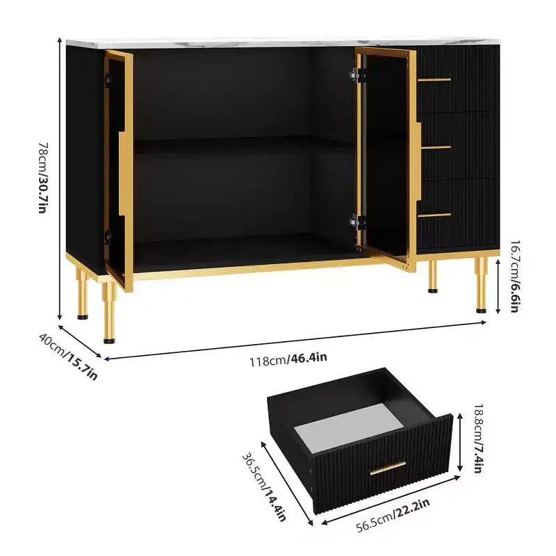 COZONY 46.4 Armoire de cuisine en faux marbre avec portes en verre, buffet avec rangement, tiroirs et étagères réglables pour salle à manger