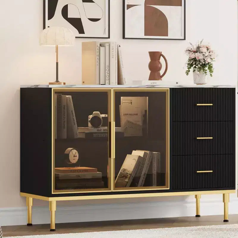 COZONY 46.4 Armoire de cuisine en faux marbre avec portes en verre, buffet avec rangement, tiroirs et étagères réglables pour salle à manger