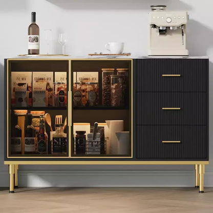 COZONY 46.4 Armoire de cuisine en faux marbre avec portes en verre, buffet avec rangement, tiroirs et étagères réglables pour salle à manger