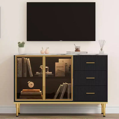 COZONY 46.4 Armoire de cuisine en faux marbre avec portes en verre, buffet avec rangement, tiroirs et étagères réglables pour salle à manger