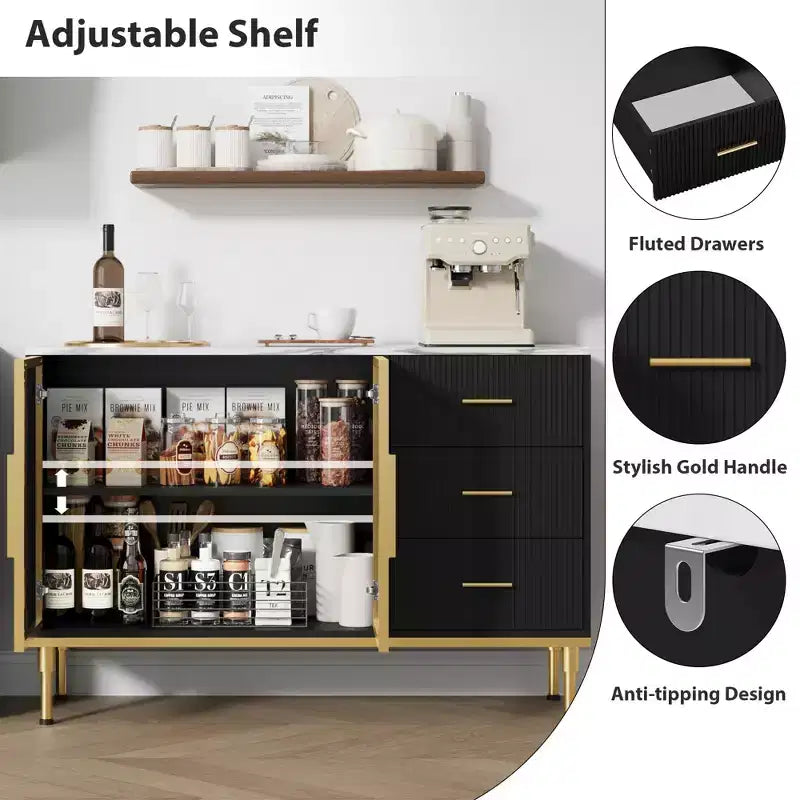 COZONY 46.4 Armoire de cuisine en faux marbre avec portes en verre, buffet avec rangement, tiroirs et étagères réglables pour salle à manger
