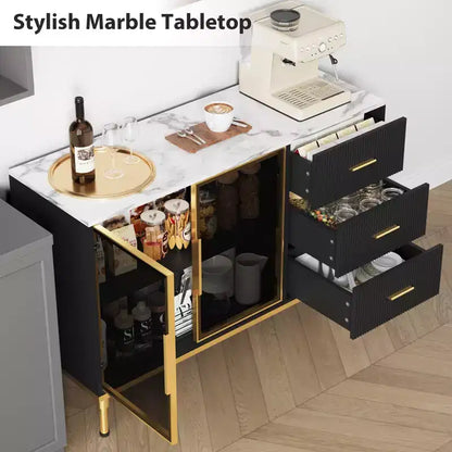 COZONY 46.4 Armoire de cuisine en faux marbre avec portes en verre, buffet avec rangement, tiroirs et étagères réglables pour salle à manger