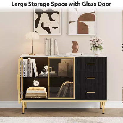COZONY 46.4 Armoire de cuisine en faux marbre avec portes en verre, buffet avec rangement, tiroirs et étagères réglables pour salle à manger