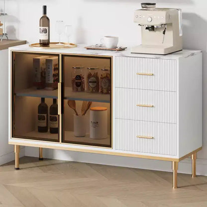 COZONY 46.4 Armoire de cuisine en faux marbre avec portes en verre, buffet avec rangement, tiroirs et étagères réglables pour salle à manger
