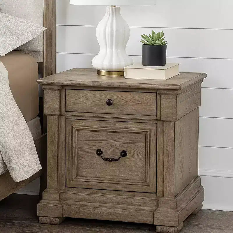 Royal Hampton Nightstand, 2 Drawers, Weathered Gray Solid Wood, 28 Inch