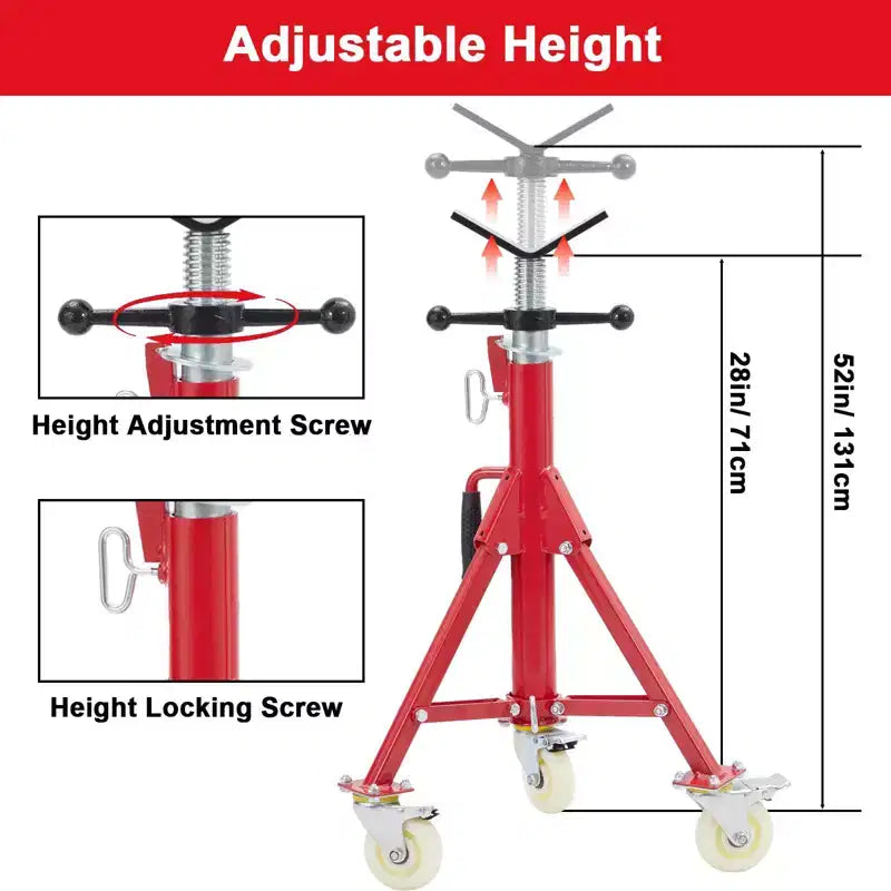 Support de tuyau, Support de trépied pour tuyaux avec roulettes, 71-132 cm de hauteur réglable, tête en V, pieds pliants