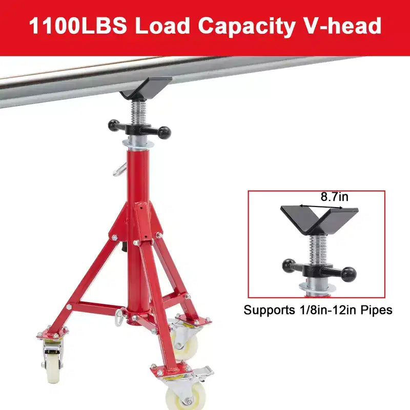 Support de tuyau, Support de trépied pour tuyaux avec roulettes, 71-132 cm de hauteur réglable, tête en V, pieds pliants