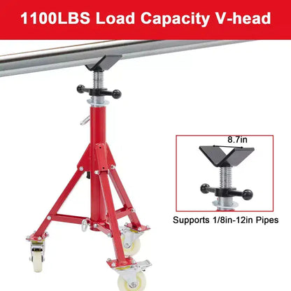 Support de tuyau, Support de trépied pour tuyaux avec roulettes, 71-132 cm de hauteur réglable, tête en V, pieds pliants