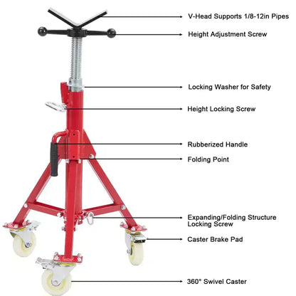 Support de tuyau, Support de trépied pour tuyaux avec roulettes, 71-132 cm de hauteur réglable, tête en V, pieds pliants
