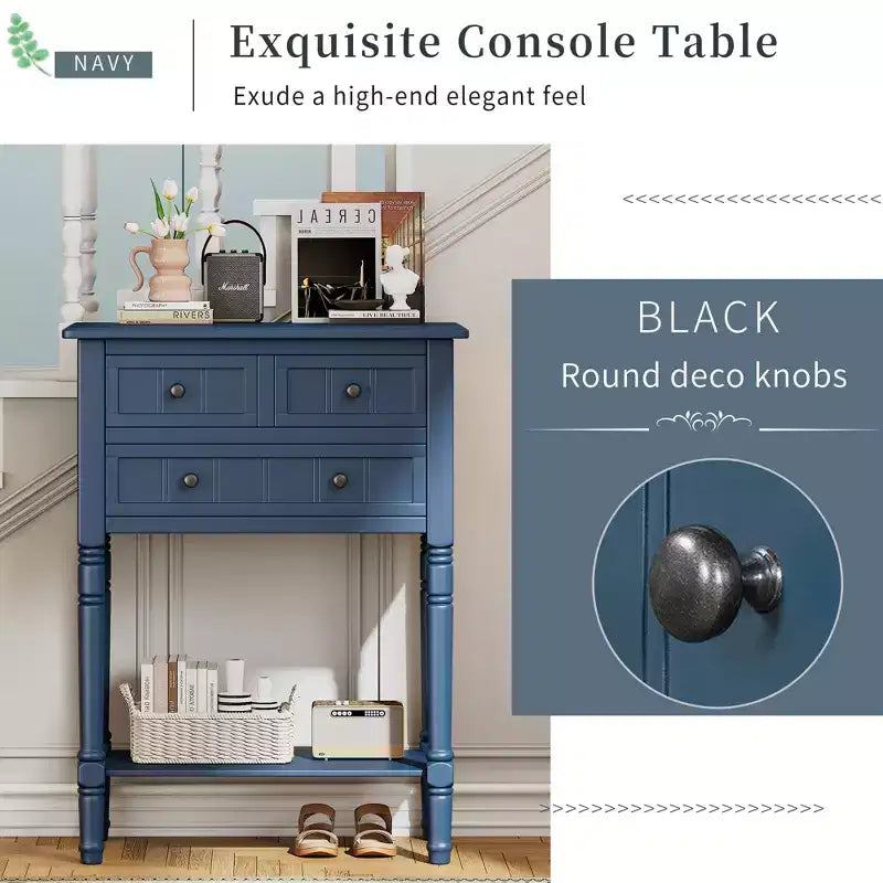 Bellemave Table Console Étroite, Table Basse Fine avec Trois Tiroirs de Rangement et Étagère Inférieure (Bleu foncé)