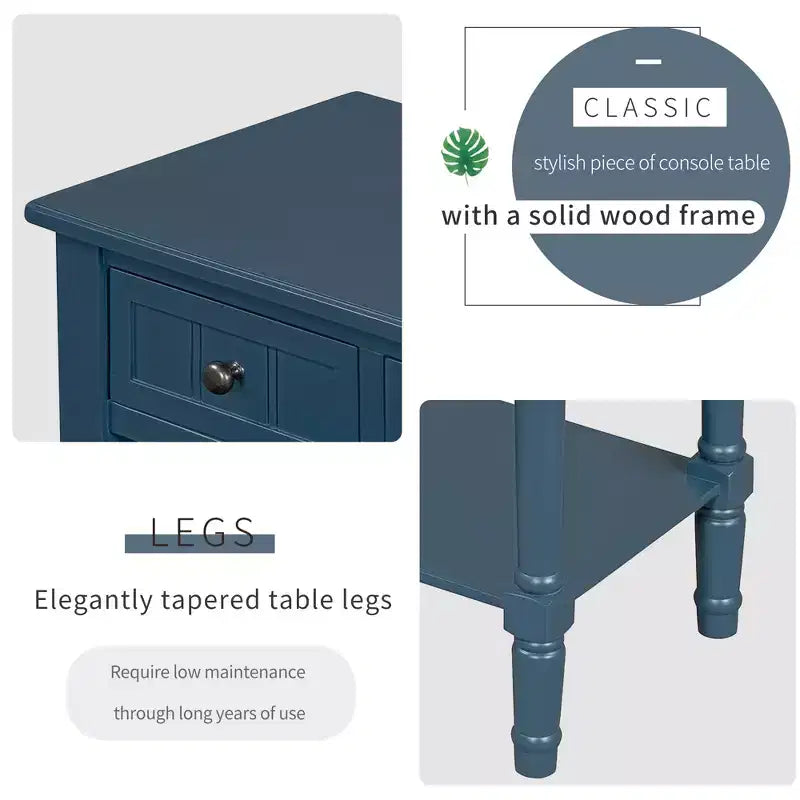 Bellemave Table Console Étroite, Table Basse Fine avec Trois Tiroirs de Rangement et Étagère Inférieure (Bleu foncé)