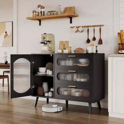 GustoWave Buffet Cabinet with Storage, Sideboard Cabinet with Fluted Glass Door and Drawers, Black Sideboard for Kitchen, Dining Room