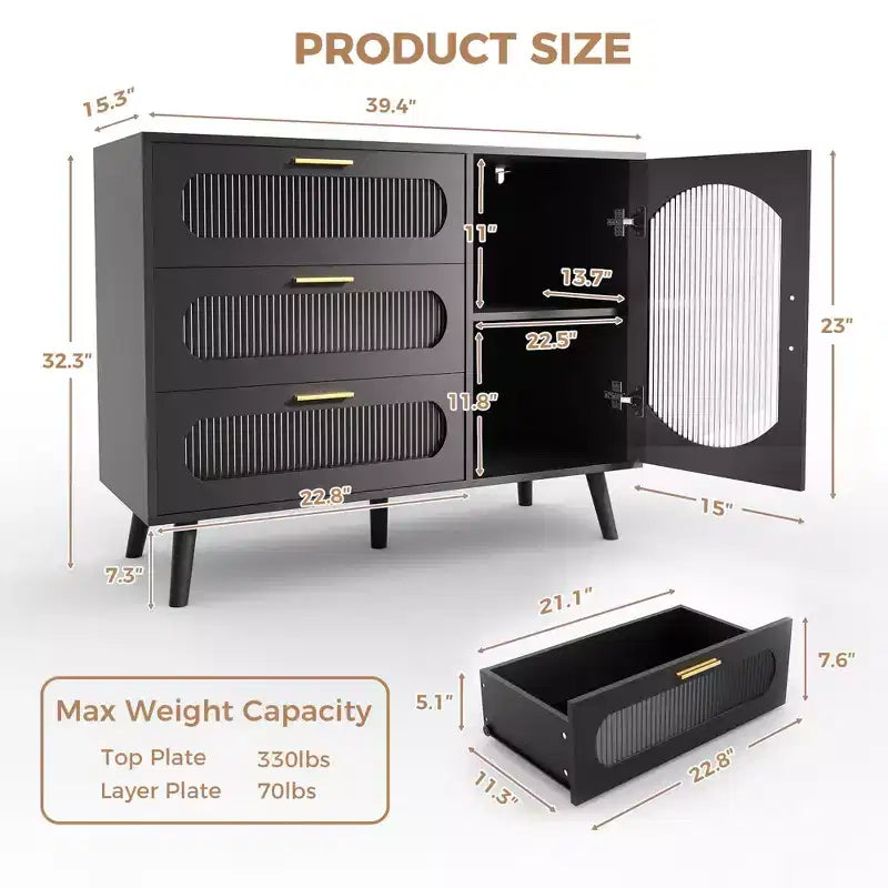 Meuble buffet GustoWave avec rangement, meuble d'appoint avec porte en verre cannelé et tiroirs, buffet noir pour cuisine, salle à manger