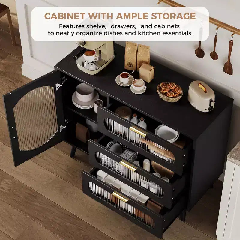 Meuble buffet GustoWave avec rangement, meuble d'appoint avec porte en verre cannelé et tiroirs, buffet noir pour cuisine, salle à manger