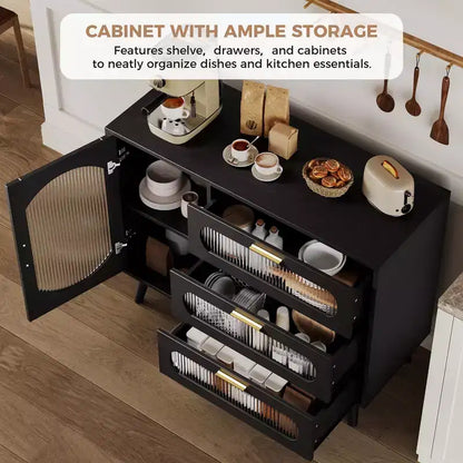 Meuble buffet GustoWave avec rangement, meuble d'appoint avec porte en verre cannelé et tiroirs, buffet noir pour cuisine, salle à manger