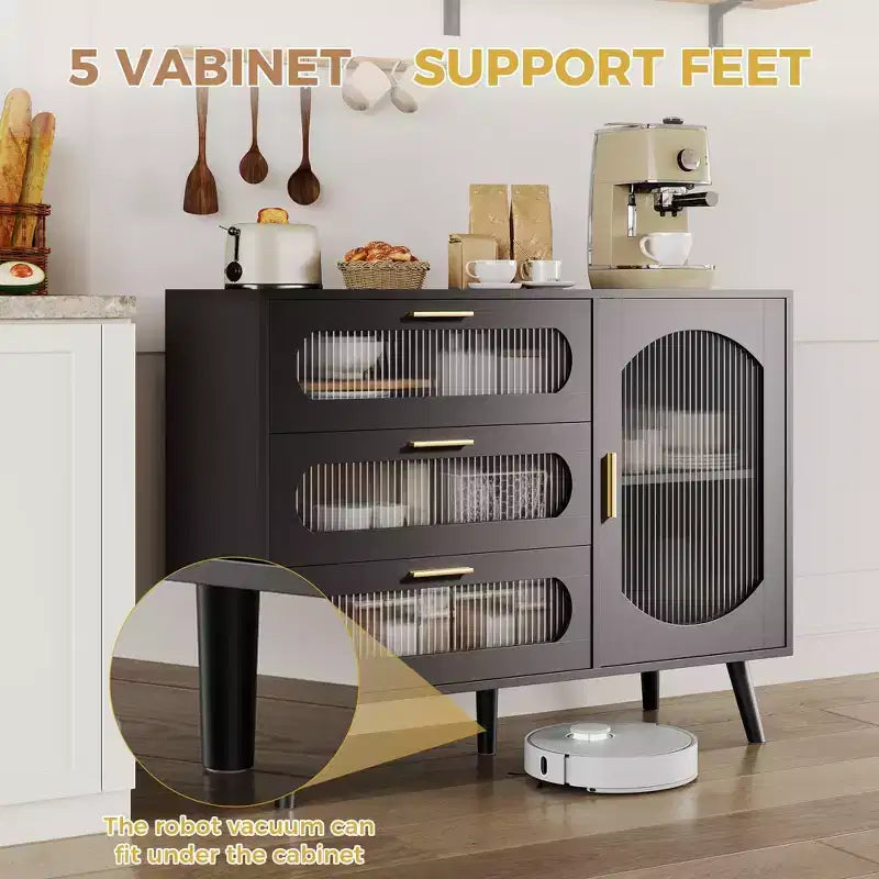 Meuble buffet GustoWave avec rangement, meuble d'appoint avec porte en verre cannelé et tiroirs, buffet noir pour cuisine, salle à manger