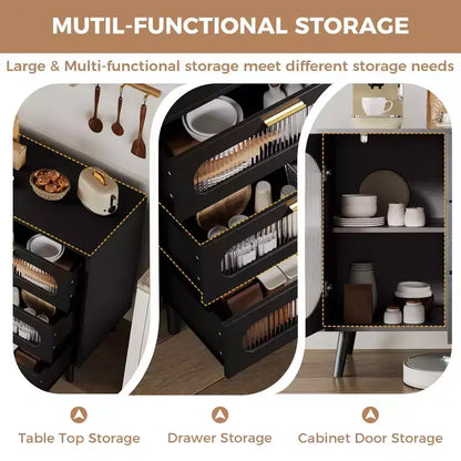 Meuble buffet GustoWave avec rangement, meuble d'appoint avec porte en verre cannelé et tiroirs, buffet noir pour cuisine, salle à manger