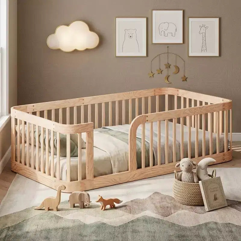 Polibi Wooden Floor Bed Frame with Fence Guardrails & Rounded Corners