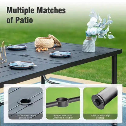 Captiva Designs 7pc Outdoor Patio Geometric Pattern Rectangular Steel Dining Table & Sling Fixed Chairs