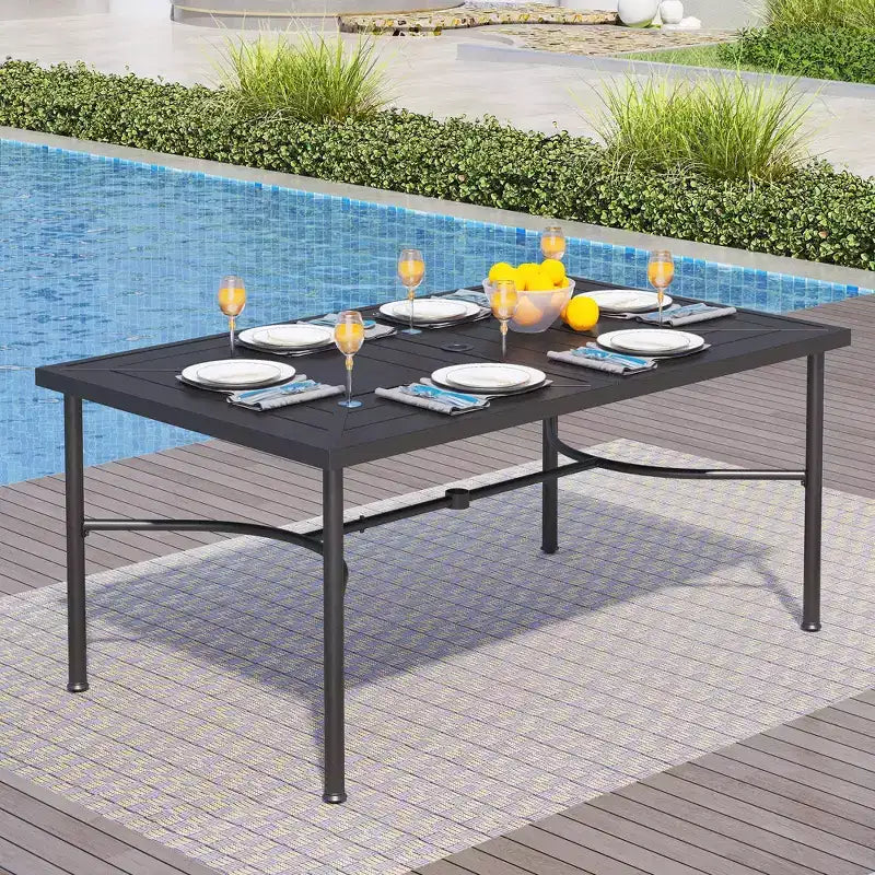 Captiva Designs 7pc Outdoor Patio Geometric Pattern Rectangular Steel Dining Table & Sling Fixed Chairs