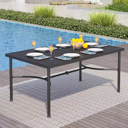 Captiva Designs 7pc Outdoor Patio Geometric Pattern Rectangular Steel Dining Table & Sling Fixed Chairs