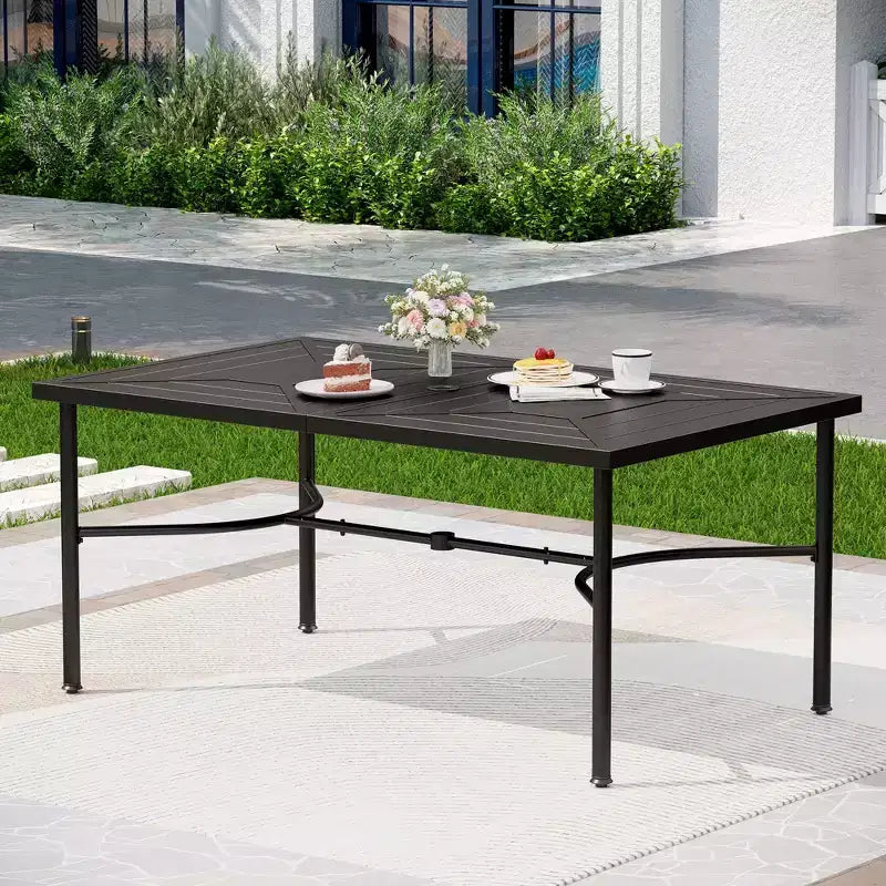 Captiva Designs 7pc Outdoor Patio Geometric Pattern Rectangular Steel Dining Table & Sling Fixed Chairs