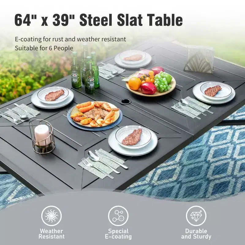 Captiva Designs 7pc Outdoor Patio Geometric Pattern Rectangular Steel Dining Table & Sling Fixed Chairs