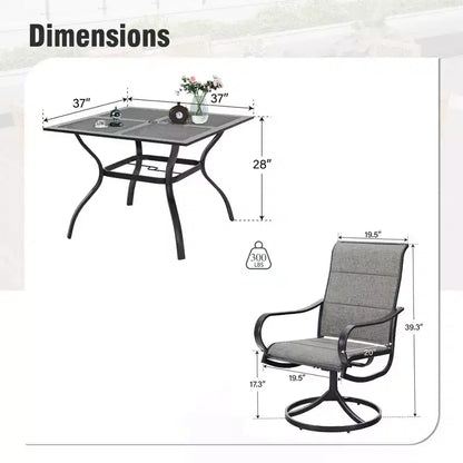 Captiva Designs Ensemble de salle à manger d'extérieur 5 pièces avec table carrée en acier et chaises pivotantes en métal avec toile textile
