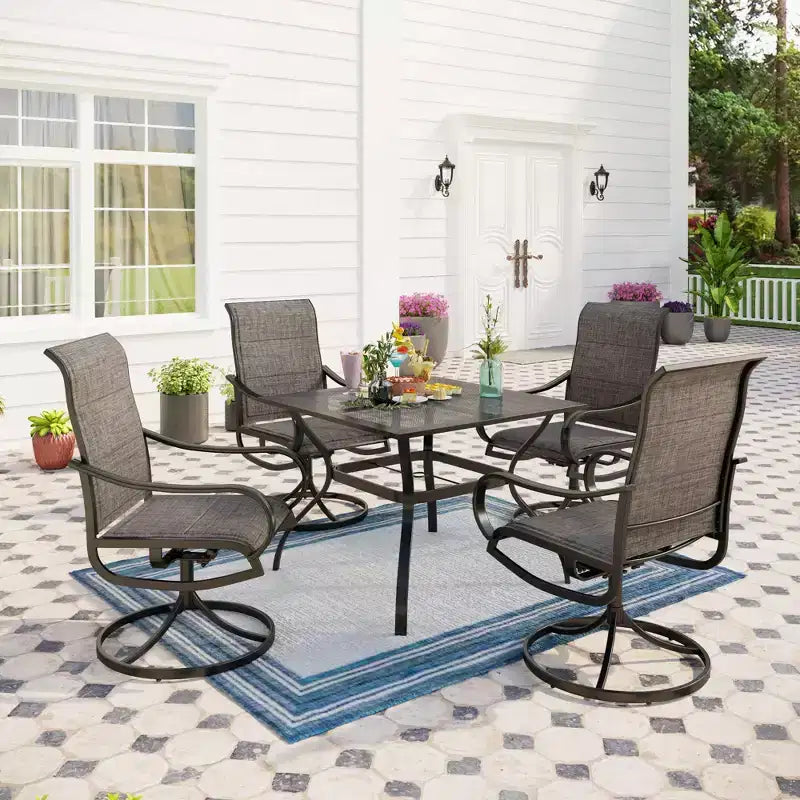 Captiva Designs 5pc Outdoor Patio Square Dining Steel Table & Swivel Sling Metal Chairs