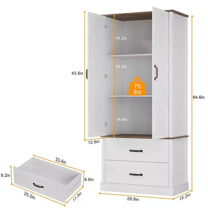Modern Kitchen Pantry Closet with Adjustable Shelves and 2 Doors and Drawers, Cupboard for Dining Room, Living Room, White & Rustic Grey