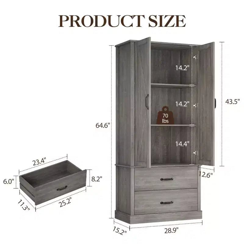 Modern Kitchen Pantry Closet with Adjustable Shelves and 2 Doors and Drawers, Cupboard for Dining Room, Living Room, White & Rustic Grey