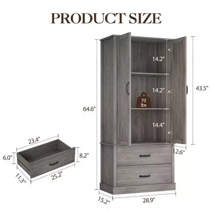 Modern Kitchen Pantry Closet with Adjustable Shelves and 2 Doors and Drawers, Cupboard for Dining Room, Living Room, White & Rustic Grey