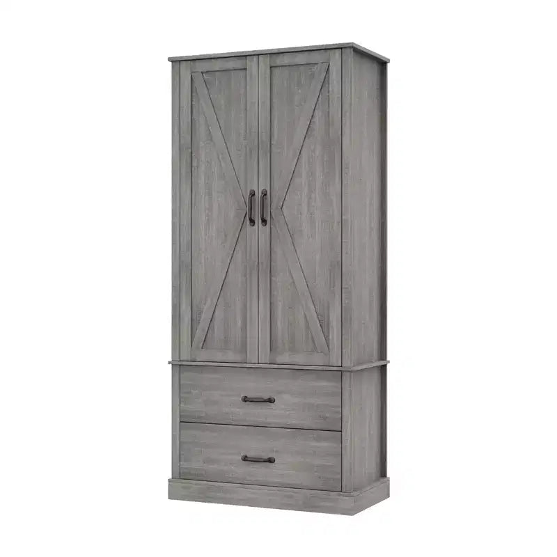 Modern Kitchen Pantry Closet with Adjustable Shelves and 2 Doors and Drawers, Cupboard for Dining Room, Living Room, White & Rustic Grey