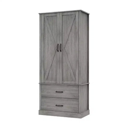 Modern Kitchen Pantry Closet with Adjustable Shelves and 2 Doors and Drawers, Cupboard for Dining Room, Living Room, White & Rustic Grey
