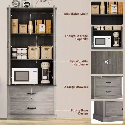 Modern Kitchen Pantry Closet with Adjustable Shelves and 2 Doors and Drawers, Cupboard for Dining Room, Living Room, White & Rustic Grey