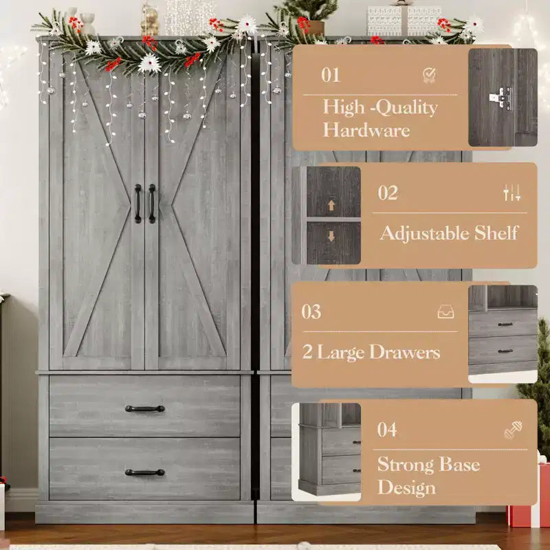 Modern Kitchen Pantry Closet with Adjustable Shelves and 2 Doors and Drawers, Cupboard for Dining Room, Living Room, White & Rustic Grey