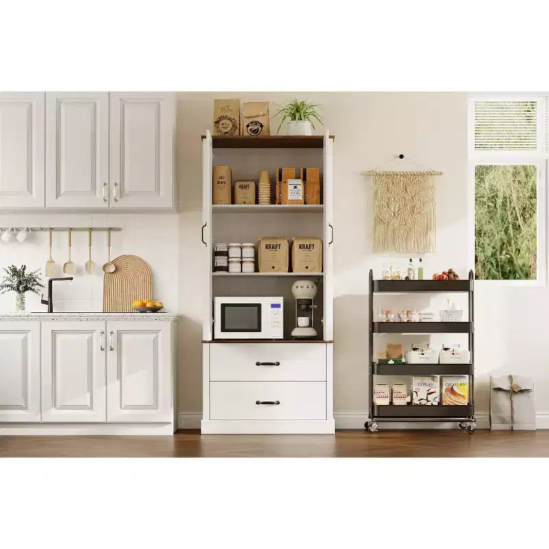 Modern Kitchen Pantry Closet with Adjustable Shelves and 2 Doors and Drawers, Cupboard for Dining Room, Living Room, White & Rustic Grey