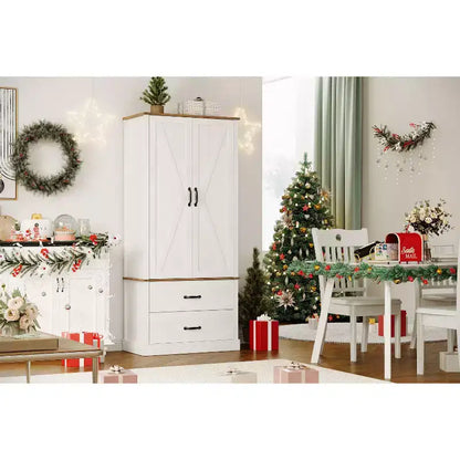 Modern Kitchen Pantry Closet with Adjustable Shelves and 2 Doors and Drawers, Cupboard for Dining Room, Living Room, White & Rustic Grey