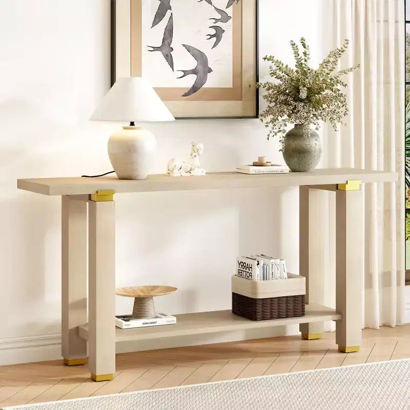 Okak 63IN Modern Narrow Console Table, Entryway Table with Metal Accents and Open Shelf, Accent Table for Living Room, Hallway, Natural