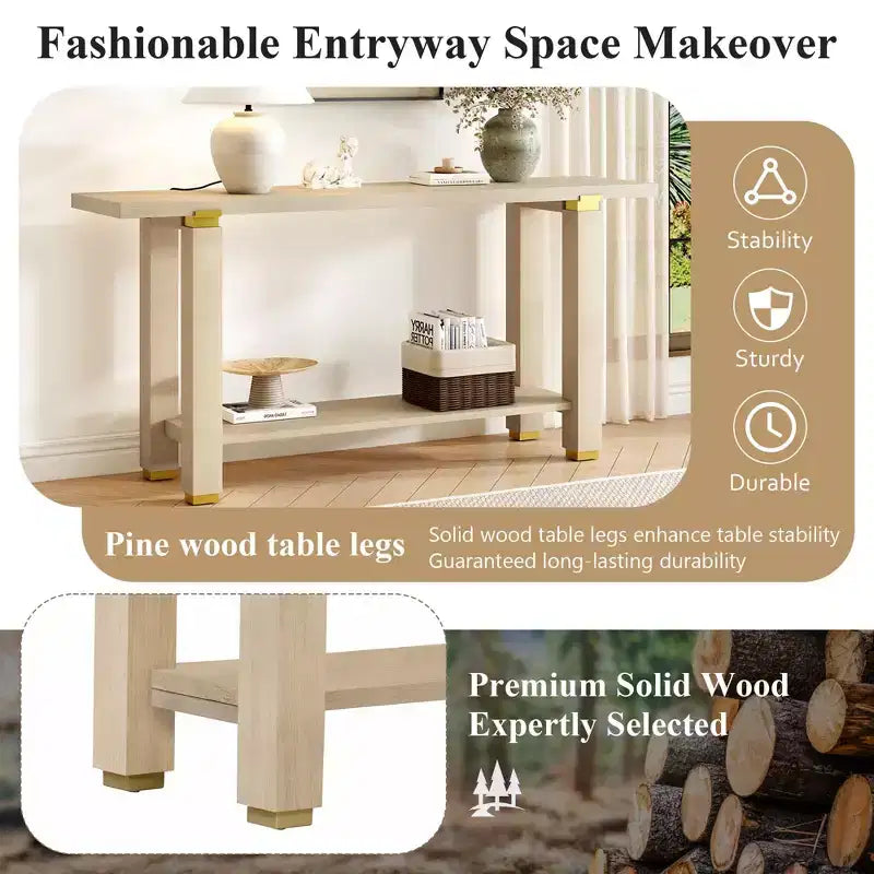 Okak 63IN Modern Narrow Console Table, Entryway Table with Metal Accents and Open Shelf, Accent Table for Living Room, Hallway, Natural